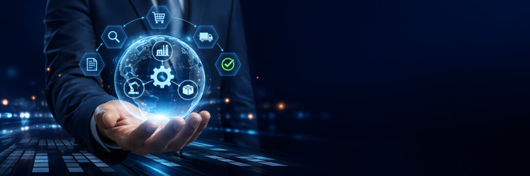 Businessman holding a glowing digital globe with interconnected icons representing supply chain logistics industry and global commerce symbolizing integrated business solutions and digital