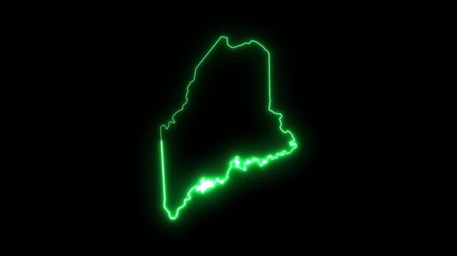 Neon green glowing outline map of maine state, usa, digital technology concept united states