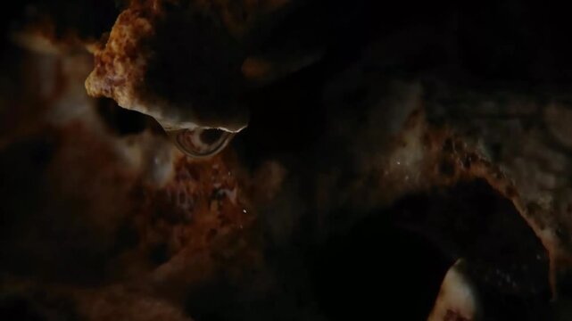 Wet aged bone texture covered in rain and macro raindrops against dark background Horizontal Video