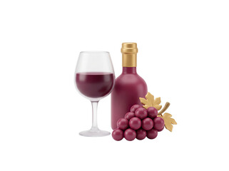 Fototapeta premium Wine and bar concept showing a wine glass filled halfway beside a small bottle and a cluster of grapes resting nearby, representing celebration, relaxation, and the refined pleasure of sharing a drink
