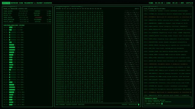 Digital technology system security monitor and server terminal telemetry dashboard interface