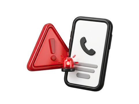 Emergency concept showing a large glossy red alert triangle with an exclamation mark beside a small flashing red light icon and a floating smartphone in a thick glossy black case with rounded corners
