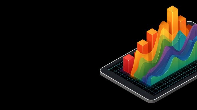 An isometric digital tablet displaying colorful 3D financial charts and data waves against a dark background.   