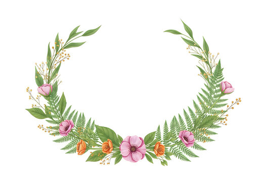 Floral leaf wreath with pink flowers and greenery