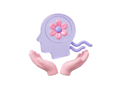 Mental health concept featuring a head silhouette with a small blooming flower inside it, a calm wave pattern beside it, and a pair of open hands cupped gently underneath, representing emotional