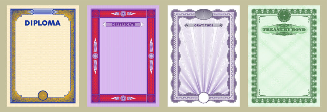 Vector set of blank vertical A4 templates. Collection of samples for certificate, treasury bond, gratitude and diploma. Guilloche frames and grid. Empty color paper. Lacy curved patterns