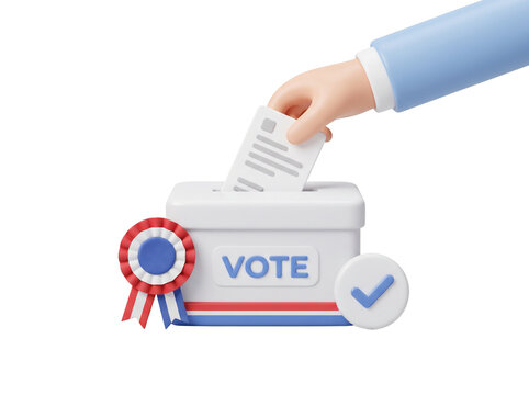 Voting and elections concept showing a hand placing a ballot card showing only neat grey placeholder lines into a box with a slot, a small checkmark badge beside it, and a rosette ribbon accent