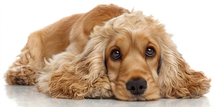 Golden cocker spaniel with long wavy fur resting its head on a reflective white surface.