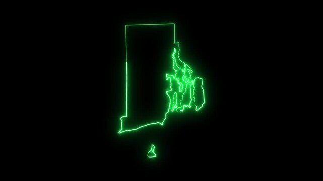 Rhode island state map outline with glowing neon green light effect on black background