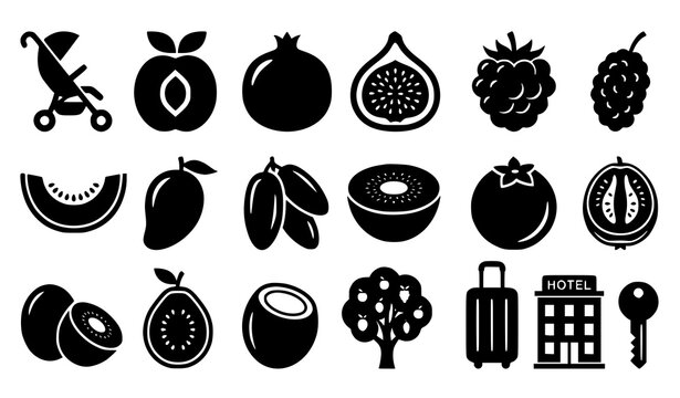 Tropical summer fruits stroller luggage suitcase and hotel black silhouette vector icons