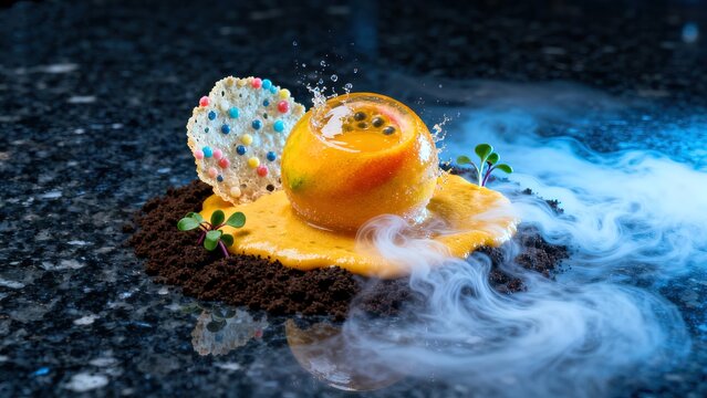 Molecular gastronomy dessert with mango spherification, passion fruit foam, liquid nitrogen vapor, futuristic lighting