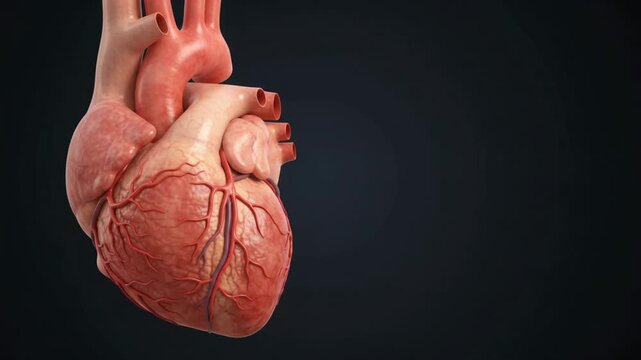 3D anatomical representation of a human heart showing arteries and veins against a dark background