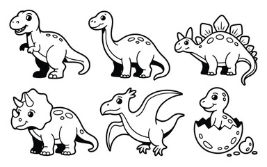 Cute cartoon dinosaur line art set including trex stegosaurus triceratops pterodactyl and baby dinosaur hatching isolated on white background vector. © Atikul