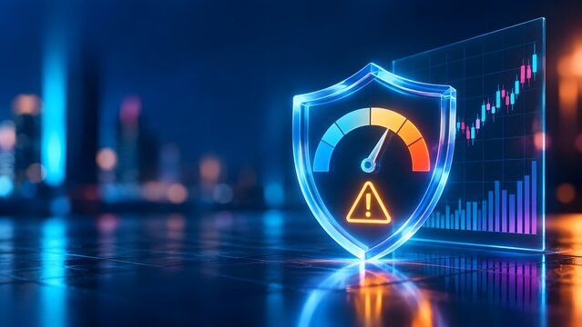 Glowing digital shield with warning gauge and stock market charts representing financial risk management and cybersecurity alerts
