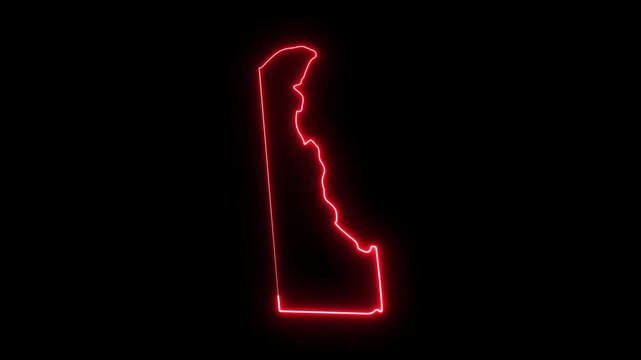 Glowing red neon outline map of delaware state, usa, isolated on black background, for digital