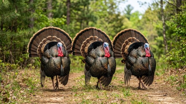 Three Wild Male Turkeys Strutting with Fanned Tail Feathers on a Forest Path