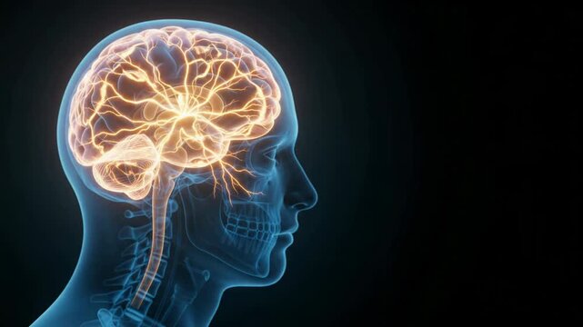 3D medical animation showing the human brain and limbic system highlighted within a translucent head.