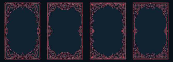 Plakat Gothic game frame with medieval ornament and fantasy pattern. Dark tarot border design with occult elements and vampire cathedral spikes. Antique decoration with geometric lines for RPG interface.
