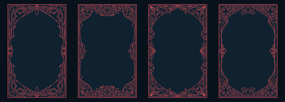 Gothic game frame with medieval ornament and fantasy pattern. Dark tarot border design with occult elements and vampire cathedral spikes. Antique decoration with geometric lines for RPG interface.