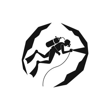 Scuba diver silhouette exploring underwater cave, deep sea diving adventure vector icon, professional diver with flashlight in rocky tunnel