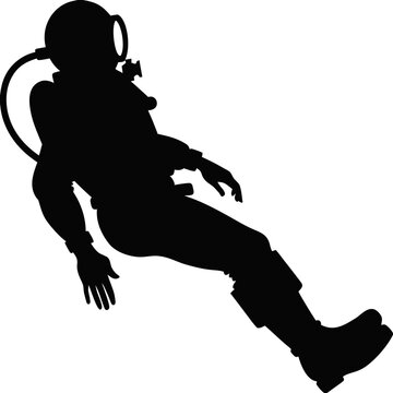 Vintage deep sea diver silhouette, antique scuba diving suit with helmet and air hose, black vector illustration of underwater explorer.