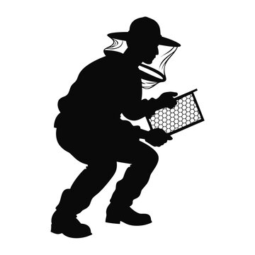 Minimalist beekeeper silhouette with honeycomb frame, apiary worker in protective gear, honey production and beekeeping industry vector