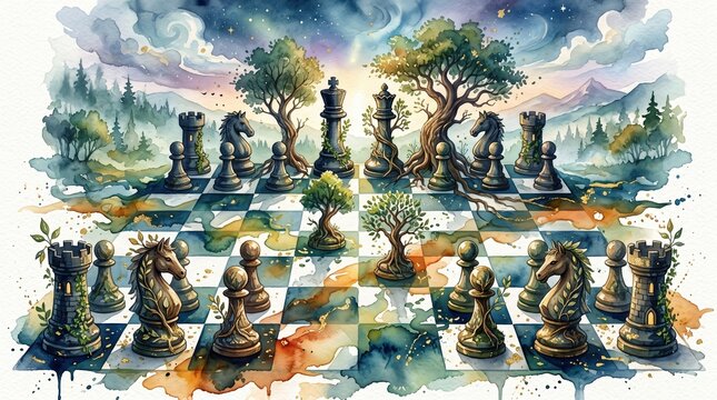 Surreal chessboard with stone chess pieces and growing trees in a fantasy landscape watercolor style
