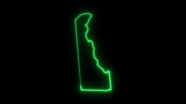Glowing neon green outline map of delaware state, usa, digital motion
