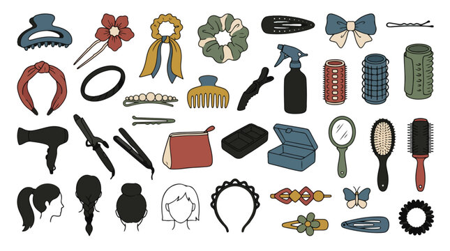 Hand drawn collection of various hair accessories and styling tools