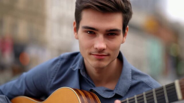 Man plays acoustic guitar while looking directly at camera, holding chord on fretboard as framing gradually tightens around his face against softly blurred urban street background
