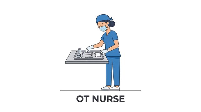 OT nurse preparing surgical instruments on tray in hospital operating theater environment