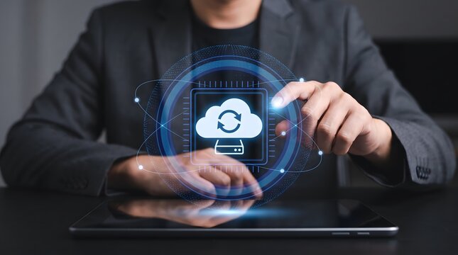 Man in suit interacting with digital cloud sync interface on tablet representing data synchronization and cloud computing services
