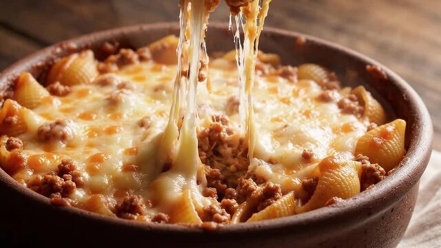 Spoon Lifting Baked Cheesy Pasta Shells with Stretchy Melted Cheese Pull