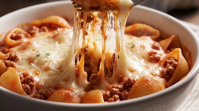 Spoon Lifting Baked Cheesy Pasta Shells with Stretchy Melted Cheese Pull