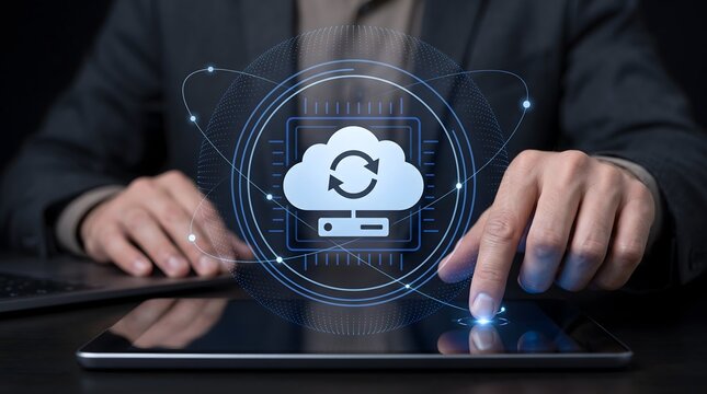 Businessman interacting with a futuristic digital interface displaying cloud sync and data transfer icons symbolizing cloud computing and digital services.