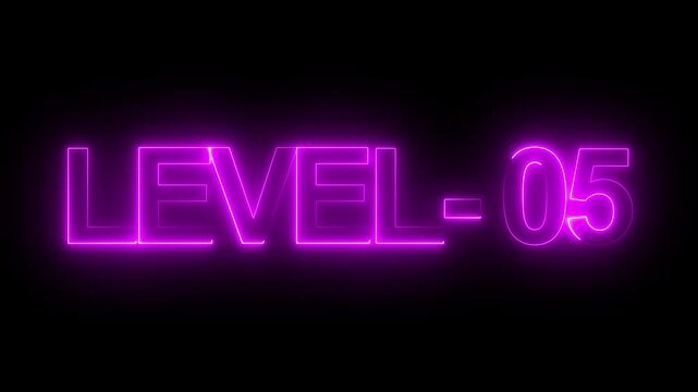 Level -5 neon bright text font, colorful motion animation. Ideal for futuristic game intros animation. Neon level 5 