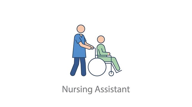 Nursing assistant pushing patient in wheelchair for mobility and hospital care support