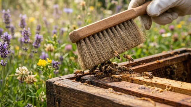 Bee brush with bristles removing bees from wooden hive frame. Beekeeping