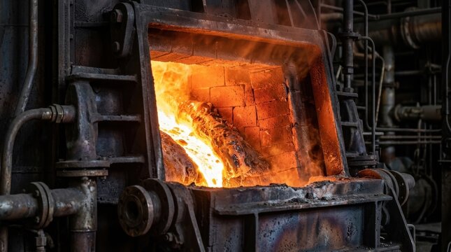 Industrial blast furnace interior with intense orange flames and molten metal. Heavy metallurgy factory process