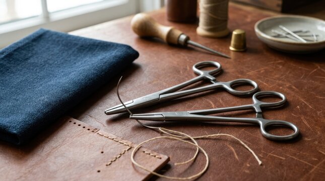 Stainless steel needle holder forceps and leather crafting tools on workbench. Leatherwork and handmade artisan craft concept
