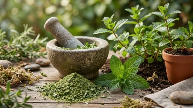Ground peppermint powder with stone mortar and pestle. Fresh organic mint leaves and herbs on wooden table