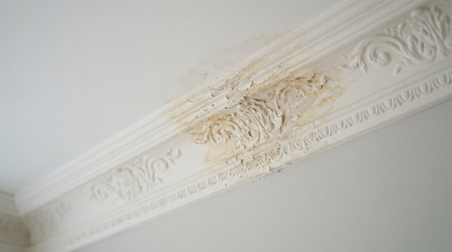 Water damage and peeling paint on plaster crown molding. Ceiling moisture leak inside home interior