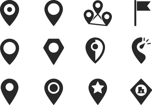 Collection of black location pin icons and a flag on a white background
