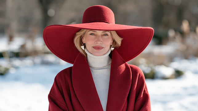 A middle aged woman in a fire engine red wide brim sun hat posing dramatically in a snowy garden on national hat day, winter fashion humor, lifestyle personality, quirky outdoor