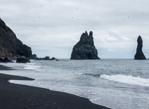 Reynisdrangar Basalt Sea Stacks at Reynisfjara Black Sand Beach