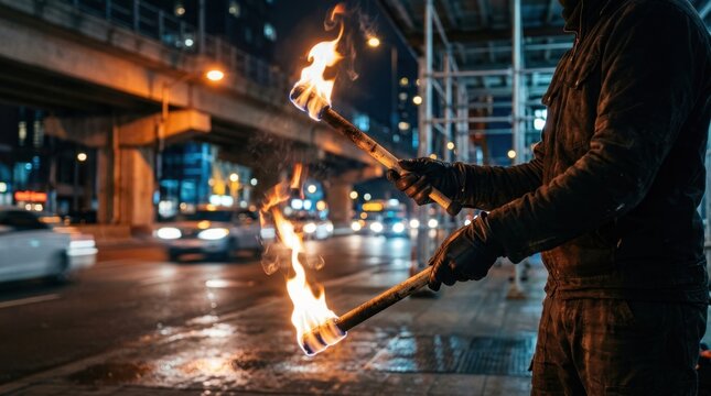 Street performer juggling flaming torches at night in an urban city environment. Entertainment and danger concept
