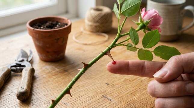 Thorny stem pricking finger with a drop of blood. Gardening accident and minor injury concept