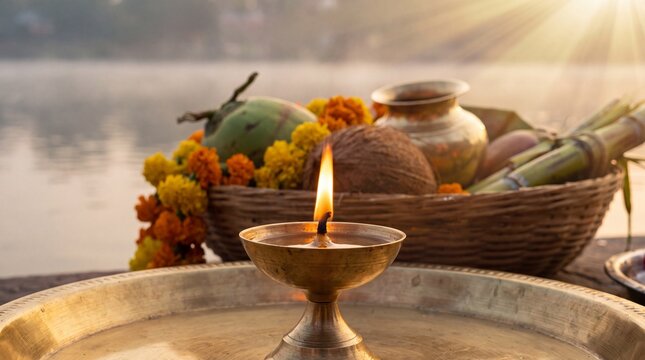 Yamuna chhath festival rituals with lit diya and fresh fruits by riverbank at sunset
