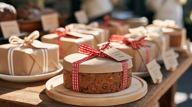 National fruitcake day december a holiday bake sale table with dozens of wrapped fruitcakes labeled with ribbons community fundraiser december winter event artisan baking seasonal