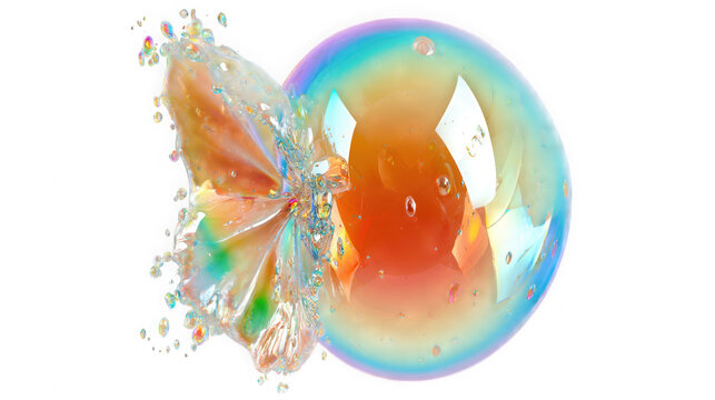 Iridescent liquid bubble with splashing droplets on transparent background